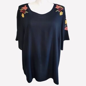 Boutique+ Plus Size Bohemian bell sleeve black top multicolored embroidered top